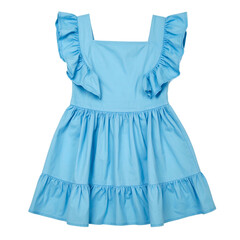 A light blue, square-neck dress with frills on the straps and hem against a black background