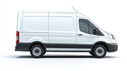 A pristine white van, perfectly poised, captures the essence of transport and delivery with a modern design, showcasing the smooth lines and ample space.