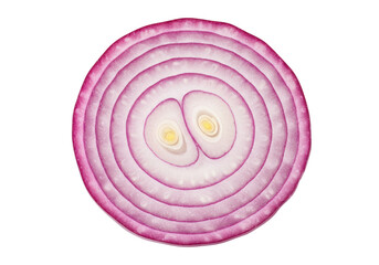Isolated cross-section of a red onion, showing ringed layers and center bulbs from overhead