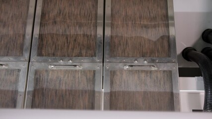 Equipment for grain fractionation and sorting operates with wheat in flour manufacturing mill. Dry kernels processing machine provides safety of seeds separation in large modern workshop