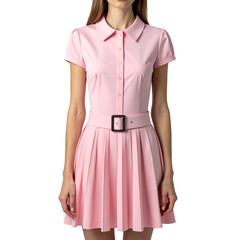 Woman in a pale pink dress with a pleated skirt, button-down bodice, and belt