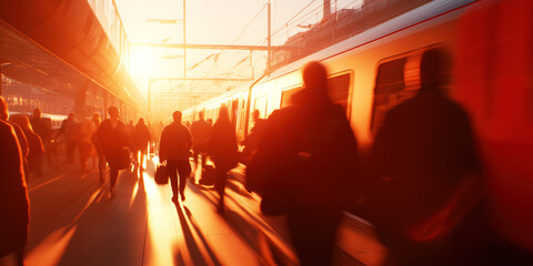 Crowd of commuters walking on train platform at sunrise. Motion blur city scene symbolizing travel, routine, and modern urban life