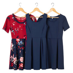 Three casual dresses in different colors and styles hang on wooden hangers