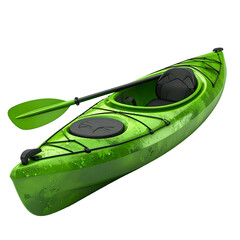 Bright green kayak with paddle, seat, and bungee cords, set against a black background