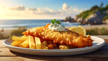 A plate of fish and chips is set on a wooden table at the beach. The backdrop shows a cloudy sky and the ocean