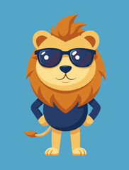Stylish lion cartoon with sunglasses and confident smirk wearing navy sweater on solid blue background