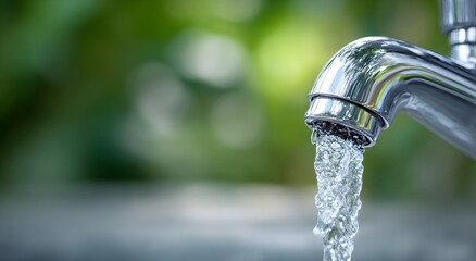 Close-up of a shiny metal faucet with clear water flowing outdoors, symbolizing purity, sustainability, and clean resources, with a blurred green natural background creating a fresh and eco-friendly 