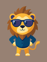 Confident cartoon lion character in sunglasses wearing dark jacket with hands on hips on brown background vector art
