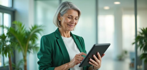 Mature woman uses tablet in office. Senior business woman with gray hair works on digital device. Lady interacts with gadget, browses app in company. Female wearing green jacket looks at screen.
