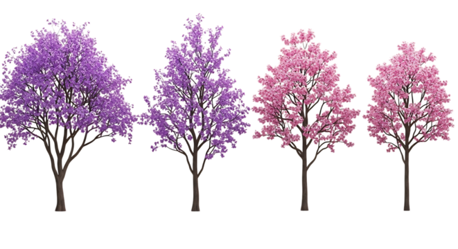Four flowering trees purple and pink on transparent background