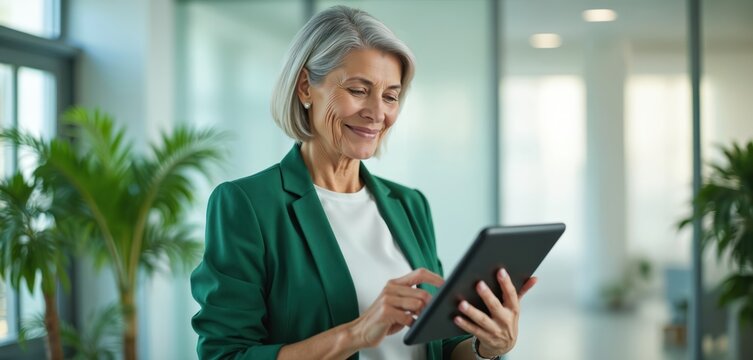 Mature woman uses tablet in office. Senior business woman with gray hair works on digital device. Lady interacts with gadget, browses app in company. Female wearing green jacket looks at screen.