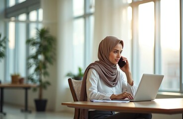 Businesswoman wearing hijab works in office. Woman speaks on phone and uses laptop. Modern arabian female entrepreneur at workplace. Corporate person, career, islam, success, leadership