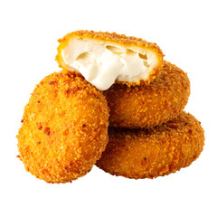 Crispy, golden-brown fried snacks with a melted, creamy white center, stacked