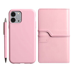 A pink smartphone, pen, and notebook lay on a black surface. The items are lit well