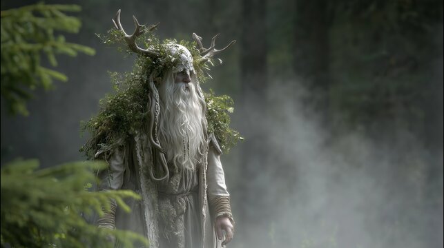 Mystical figure representing Veles in a foggy forest setting during twilight