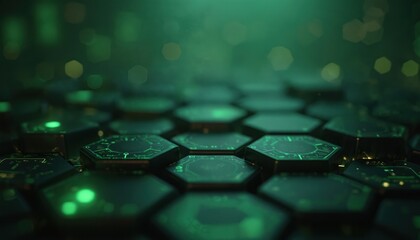 Dark green hexagonal tiles with glowing green circuitry pattern. Futuristic tech background with bokeh lights. Matte surface with precise geometric structure. Modern design element for digital