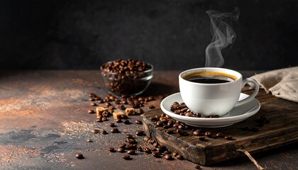 A steaming cup of black beverage rests on a wooden board, surrounded by roasted beans, evoking warmth and comfort. It's beside a bowl of whole beans