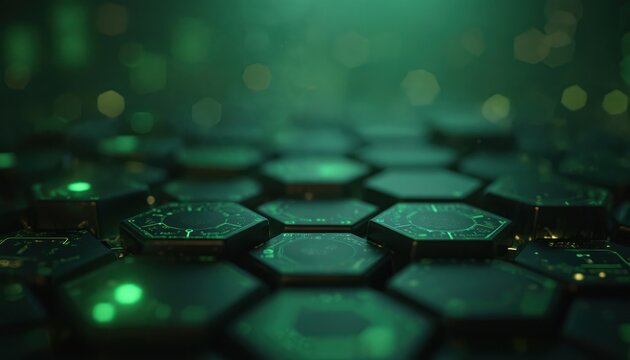 Dark green hexagonal tiles with glowing green circuitry pattern. Futuristic tech background with bokeh lights. Matte surface with precise geometric structure. Modern design element for digital - Powered by Adobe