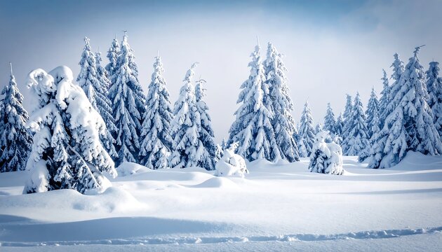 A serene winter landscape showcasing snow-covered fir trees against a light blue sky. The ground is blanketed in white