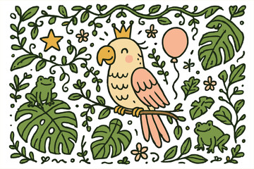 Cheerful Parrot Doodle. Rainforest illustration doodle style: hand drawn parrot with smile, crown, star, balloon, vines, frogs,