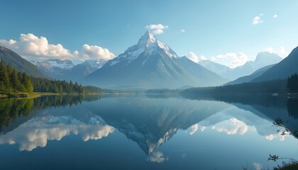 Majestic snow peaked mountain range reflected in calm lake under blue sky with white clouds. Peaceful natural landscape with evergreen forest.