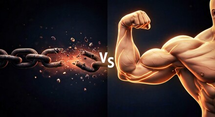 Motivational 3D artwork showing “Excuses vs Effort” — a broken chain vs a strong muscle arm, cinematic lighting