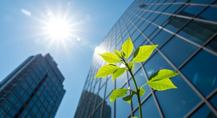 A young green plant sprouts in front of modern glass skyscrapers under a bright sun, symbolizing growth and sustainability in urban environments