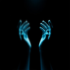 Obraz premium Ethereal blue glowing hands reaching upwards in darkness, symbolizing hope, spirituality, and the search for enlightenment or divine connection