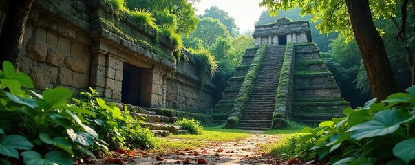 Sun-Dappled Mayan Ruins Lush Jungle Overgrowth Reveals Ancient Carvings, a Scene of Mystery and History