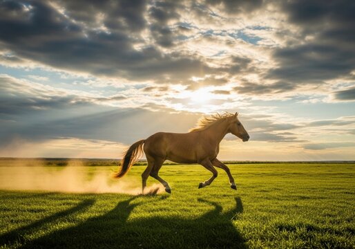 Brown horse running fast across a green field with dust clouds behind, illuminated by sunset light and dramatic clouds in a natural outdoor countryside setting