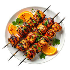 Grilled chicken skewers with vegetables and orange slices arranged on a white plate