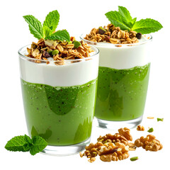 Two layered, vibrant green & white smoothie parfaits, garnished with granola and mint, isolated