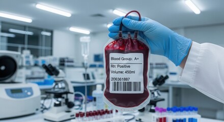 Gloved hand holding A+ blood bag labeled with volume and barcode in modern medical laboratory. Visible microscopes and lab equipment. Concept: blood donation, healthcare, transfusion