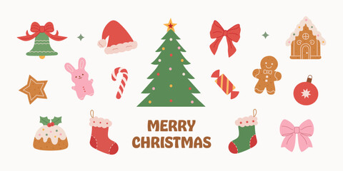Set of Christmas hand-drawn decorations.Christmas tree, toys, bows, stars, candies, bells, gingerbread, socks, pudding, Santa hat.Perfect for scrapbooking, greeting cards, and party invitations.Vector