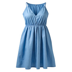 A light blue, sleeveless summer dress with a V-neckline and an elasticated waist