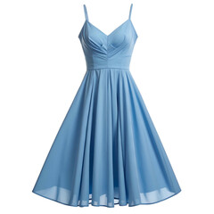 Elegant light-blue dress with thin straps, a fitted bodice, and a flared skirt