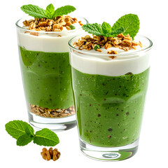 Two layered green smoothies in glasses with granola and mint, garnished with nuts