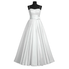 Elegant white bridal gown with a pleated bodice, thin straps, and a flowing skirt, on a mannequin