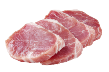 Three raw pork loin chops, slightly overlapping, are centered on a plain background.  The meat is a light pink, and has visible grain