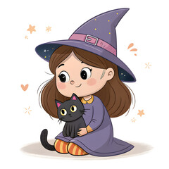 Cute Watercolor Little Witches Clipart Set – Kawaii Halloween Girls, Magic Cauldron and Broomstick