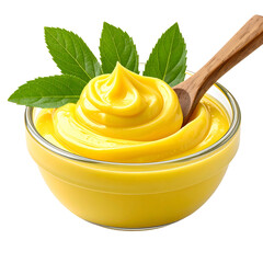 A bowl of bright yellow creamy sauce is held by a wooden spoon and garnished with green leaves