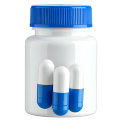 White pill bottle with blue cap and three blue/white capsule pills