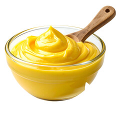 A glass bowl filled with vibrant yellow sauce, a wooden spoon rests within the creamy texture