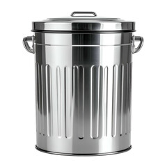 Highly reflective, cylindrical trash receptacle with lid and handles, set against black