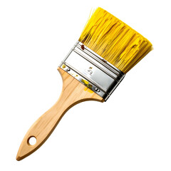 Angled close-up of a paint brush with yellow bristles and a wooden handle against black