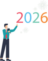 Dynamic presenter announcing the arrival of 2026 with vibrant fireworks, perfect for new year celebrations, forecasts, and future-focused presentations vector style flat illustration
