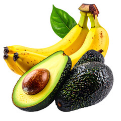 Bunch of ripe bananas with leaves, next to avocados, one sliced open