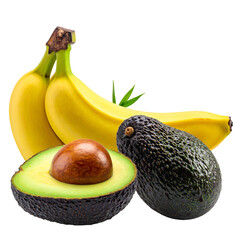 Vivid still life shows a vibrant ensemble bananas and avocados, some halved