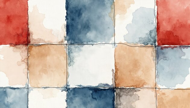 Abstract watercolor squares in red blue beige and white form a seamless pattern. Thin black lines divide the grid. Organic paint textures add depth.