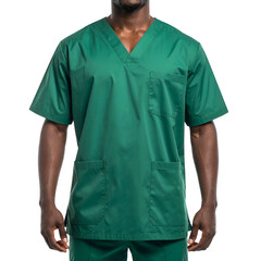 A front-facing, medium-shot portrait of a dark-skinned individual wearing a teal-green medical scrub top
